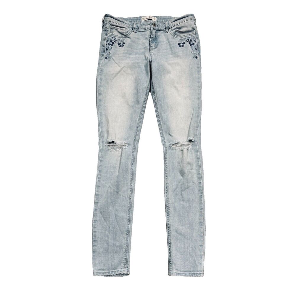 Hollister Skinny Embroidered Jeans 5 (28x30) Blue Low Waist Distress Juniors